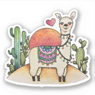 Sticker Llama Aquarelle Avec Cactus