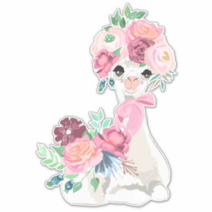 Sticker Llama blanche aux fleurs roses