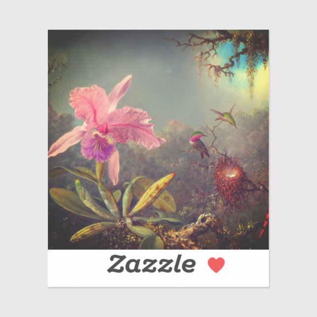 Sticker L'orchidée de Cattleya et trois colibris Heade (Feuille)