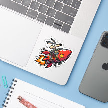 Loup de dessin animé drôle sur une fusée autocolla