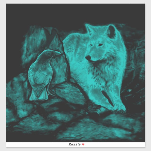 Sticker Loup et corbeau dans la nuit (Feuille)