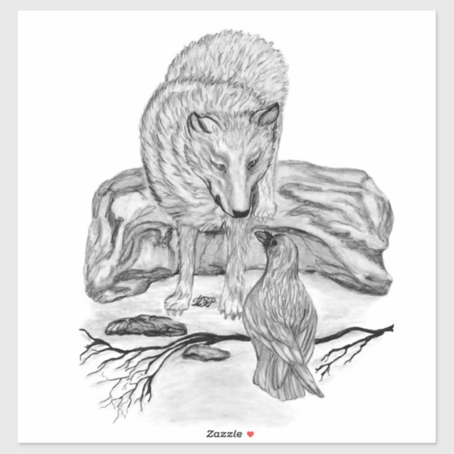 Sticker Loup et corbeau - Design noir et blanc (Feuille)