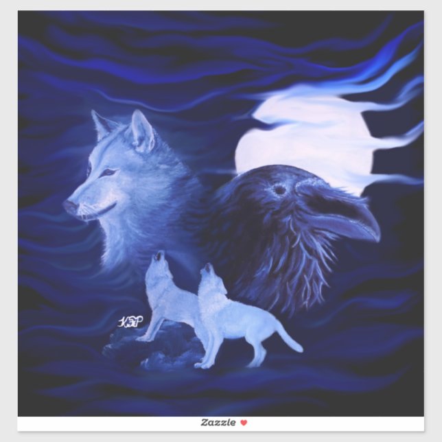 Sticker Loups et corbeau avec pleine lune (Feuille)