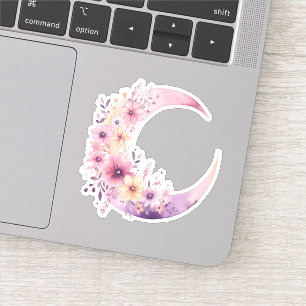 Sticker Lune rose Croissant avec de jolies fleurs