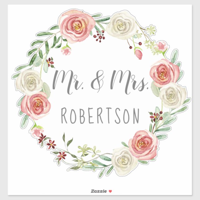 Sticker M. et Mme Mariage Aquarelle Rose Floral Wreath (Feuille)