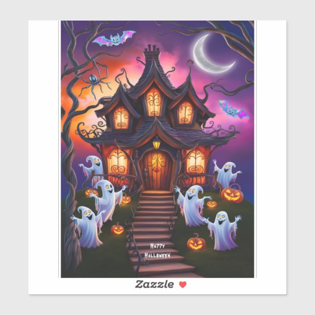 Sticker Maison Hantée éffrayante Halloween Scène de nuit (Feuille)