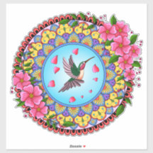 Mandala coloré avec colibri oiseau et fleur rose