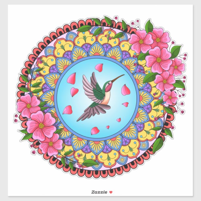 Sticker Mandala coloré avec colibri oiseau et fleur rose (Feuille)