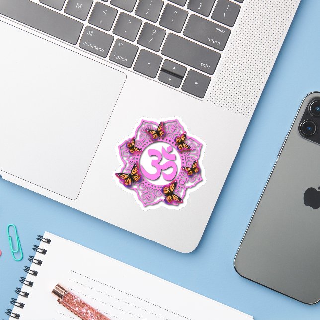 Sticker Mandala de style rose avec papillons violets (Ordinateur portable avec iPhone)