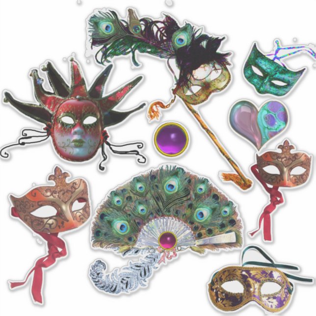 STICKER MARDI GRAS CARNIVAL MASKS, PEACOCK FEATHERS VENTIL (Devant)
