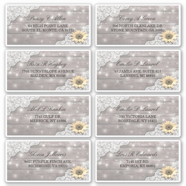 Sticker Mariage Adresse Dentelle Tournesol Bois Lumières (Devant)