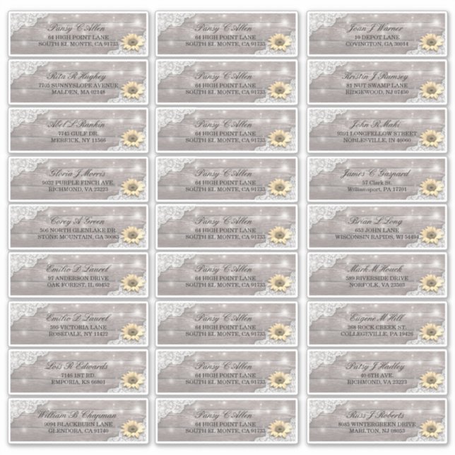 Sticker Mariage Adresse Dentelle Tournesol Bois Lumières (Devant)