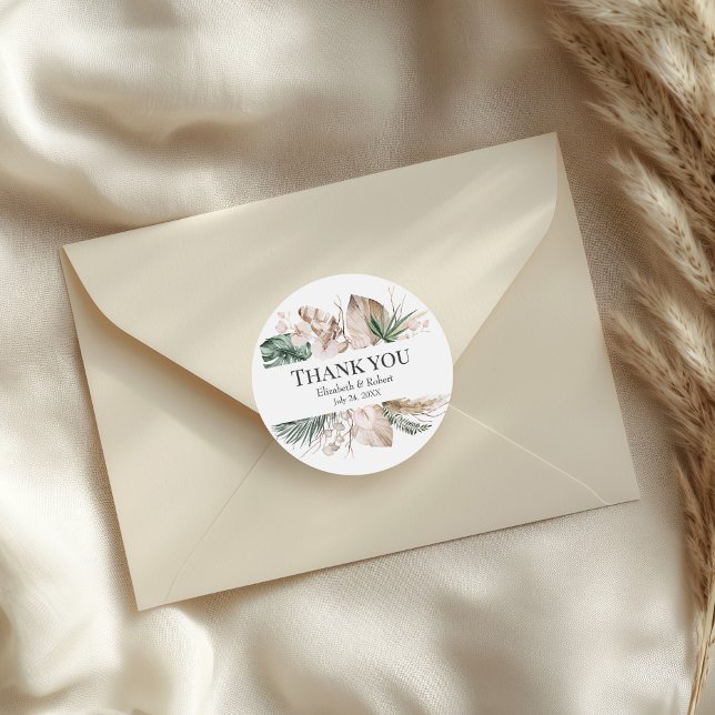Sticker Mariage de l'orchidée tropicale Monstera (Tropical Orchid Monstera Wedding Thank You Sticker on an elegant wedding evelope.)