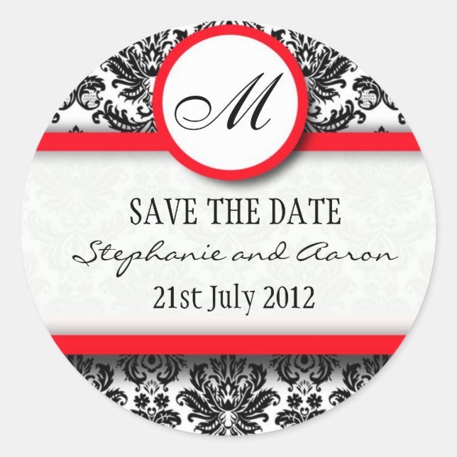 Sticker Mariage de monogramme noir et rouge Damask (Devant)
