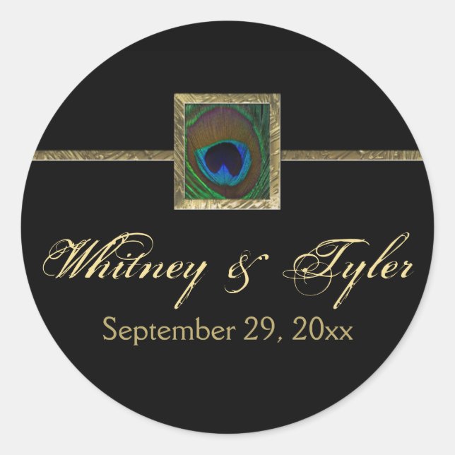 Sticker Mariage en plume Peacock noir et or (Devant)