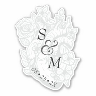 Sticker Mariage gothique Date Blanc Éffrayant Coeur Monogr