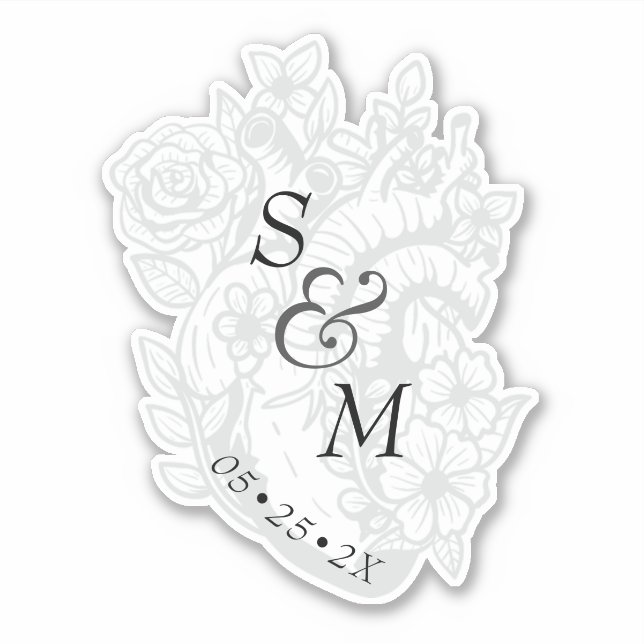 Sticker Mariage gothique Date Blanc Éffrayant Coeur Monogr (Devant)
