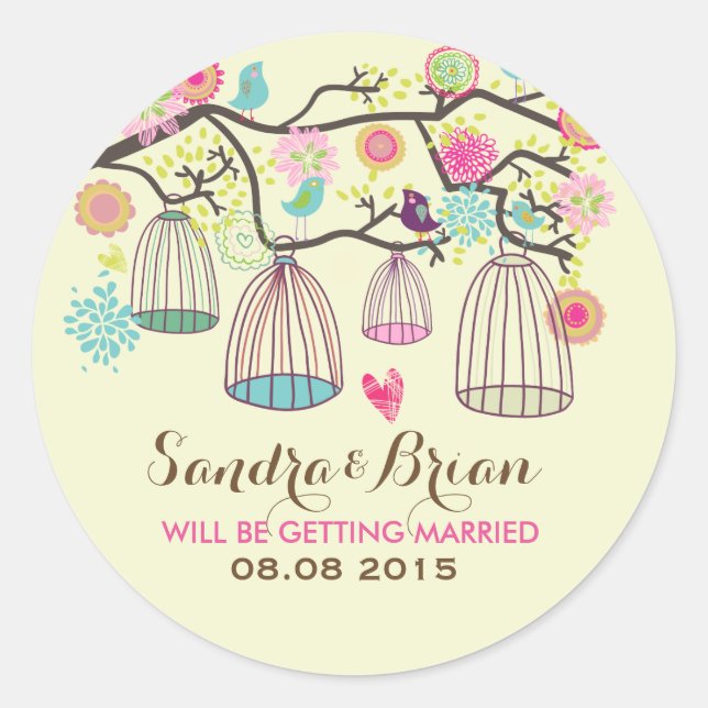 Sticker Mariage Hanging Bird Cages & Fleurs Rétro (Devant)