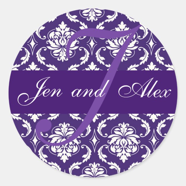 Sticker mariage Monogram J Purple Damask Favker (Devant)