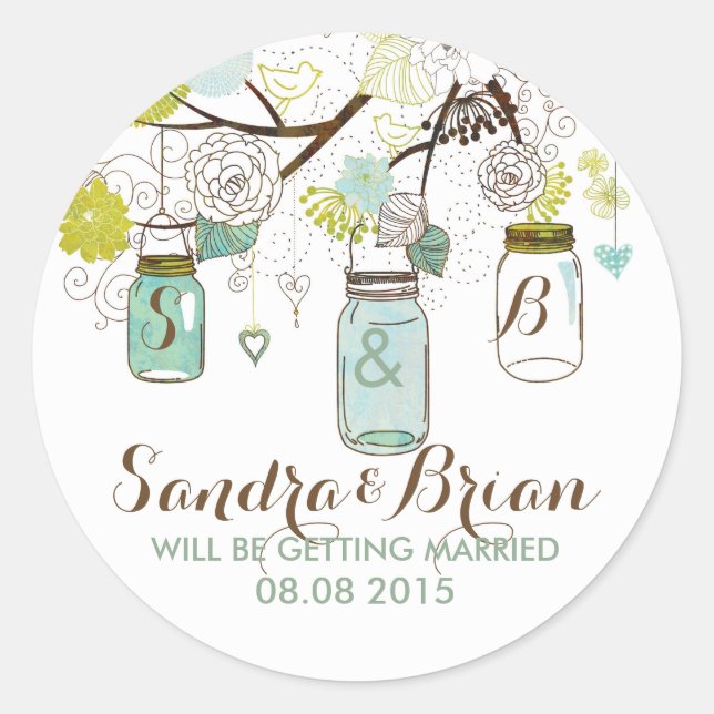 Sticker Mariage Pastel Mason Jar & Retro Fleurs (Devant)