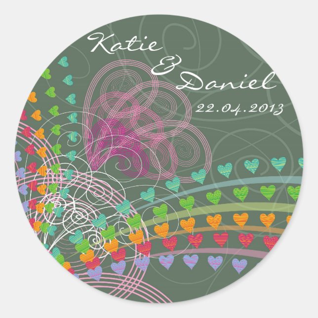 Sticker Mariage Rainbow Love Hearts Pink Swirls (Devant)