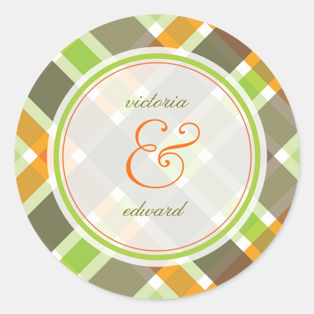 Sticker Mariage rétro Orange Green Plaid Checks (Devant)
