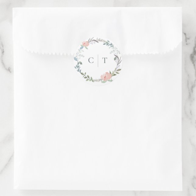 Sticker Mariage rond Initiales à couronne de fleur (Sac)