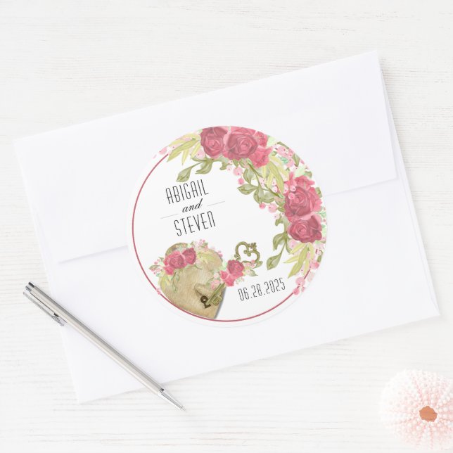 Sticker Mariage rond verrou et clé (Enveloppe)