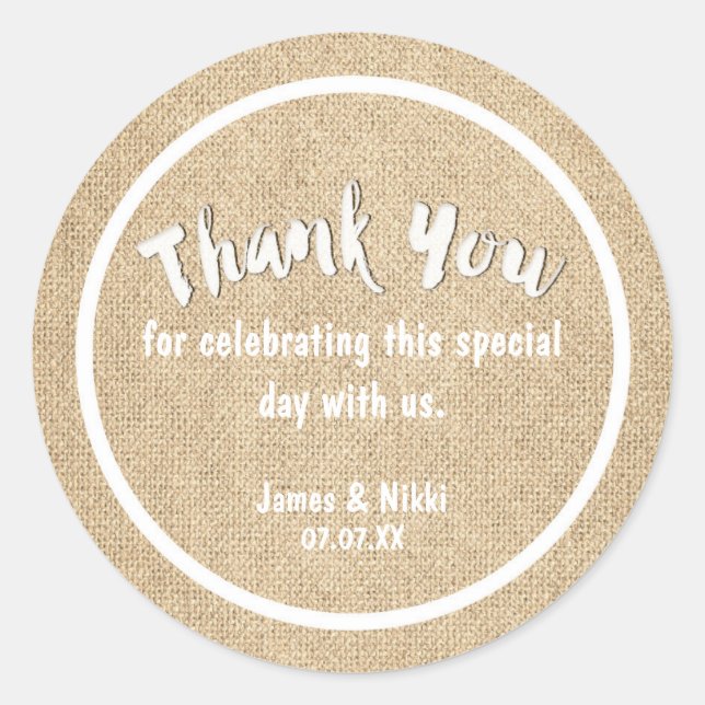 Sticker Mariage rustique MERCI blanc Burlap (Devant)