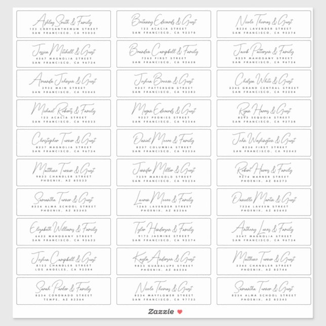Sticker Mariage Simple Moderne Chic Invité Noms et Adresse (Feuille)