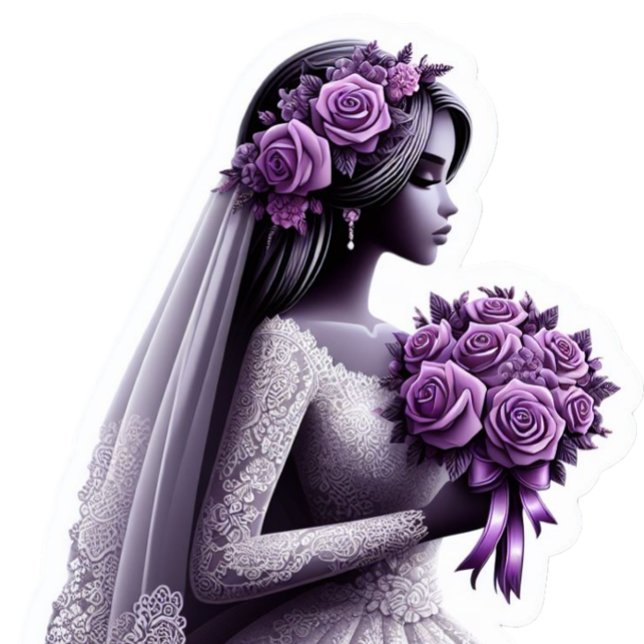 Sticker Mariée afro-américaine avec bouquet pourpre (Black Bride with Purple Flowers)