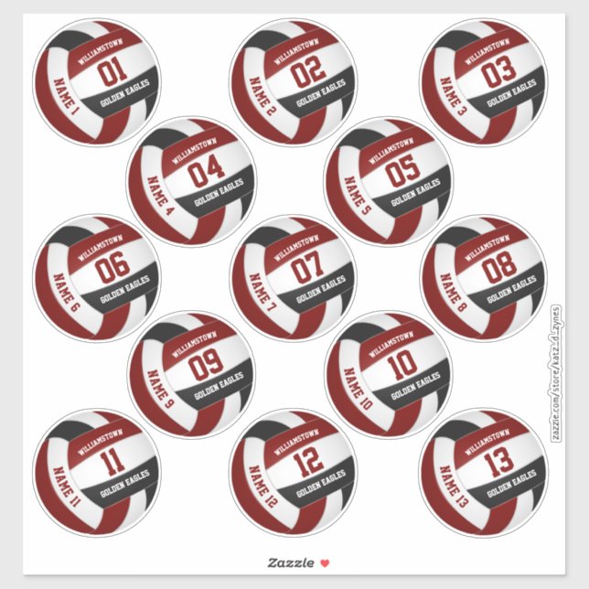 Sticker maroon noir 13 joueurs personnalisés noms volleyba (Feuille)