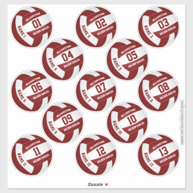 Sticker maroon white 13 joueurs personnalisés noms volleyb (Feuille)