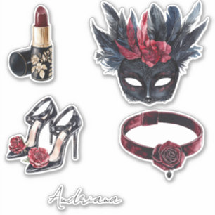 Sticker Masque à plumes blanches noires et bordeaux rouges