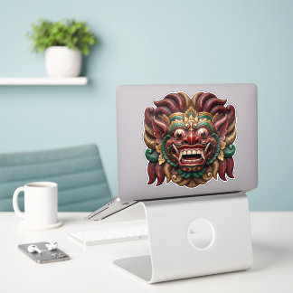 Sticker Masque Barong Minimaliste - Charbon & Vert Mousse