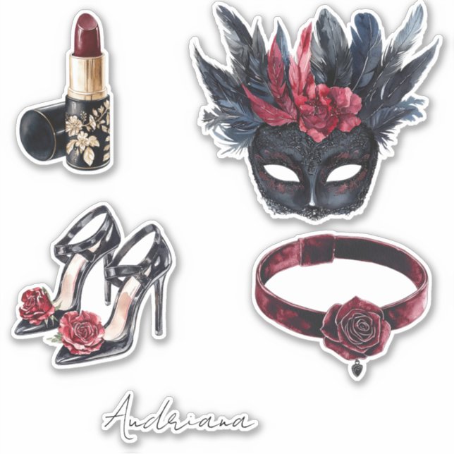 Sticker Masque blanc noir bordeaux rouge plumes (Devant)