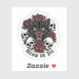 Sticker Meow ou Die - Chat gothique avec des crânes et des