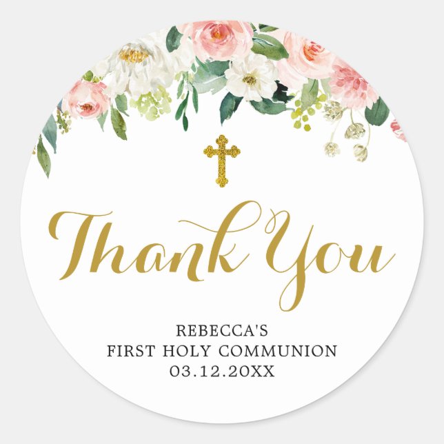 Sticker Merci de première communion rose floral fi (Devant)