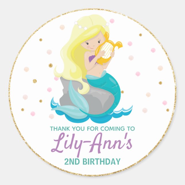 Sticker Mermaid Merci Étiquettes Anniversaire Fave (Devant)