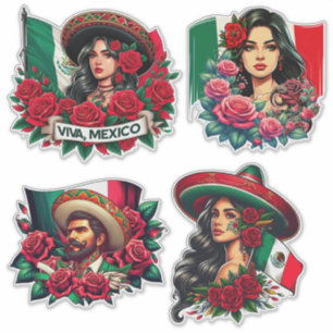 Sticker Mexicaine Fille et homme sombrero mexico Drapeau a