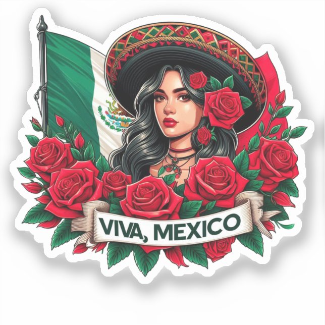 Sticker Mexicaine Fille Viva mexico Illustration du drapea (Recto)