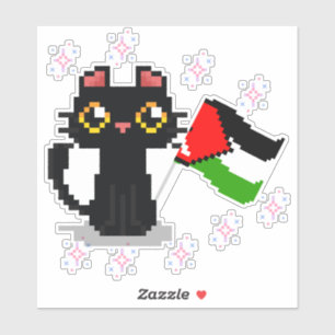 Sticker mignon chat noir tient drapeau de la Palestine