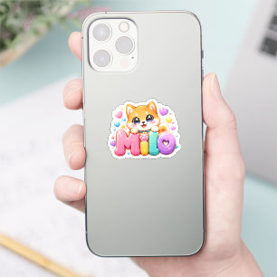 Sticker Mignon Kawaii Milo Nom de Chien Rose Pastel Brilla