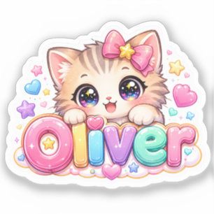 Sticker Mignon Oliver Chat Nom Pastel Rose Pailleté