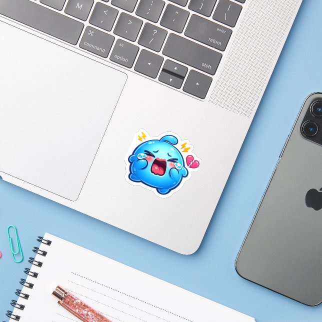 Sticker Mignon Slime Kawaii Triste Bleu qui Pleure avec un (Ordinateur portable avec iPhone)