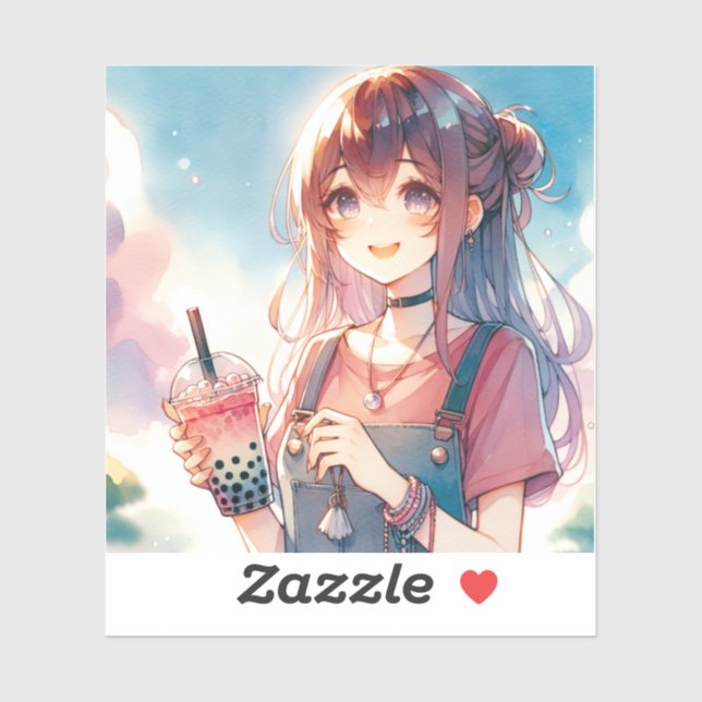 Sticker Mignonne fille Anime tenant un Boba Tea (Feuille)