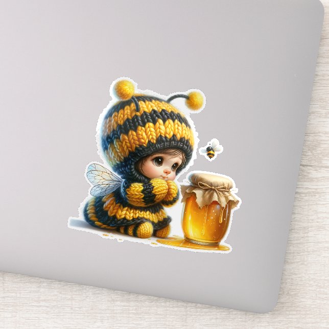 Sticker Mignonne fille en costume d'abeille avec miel (Détail)