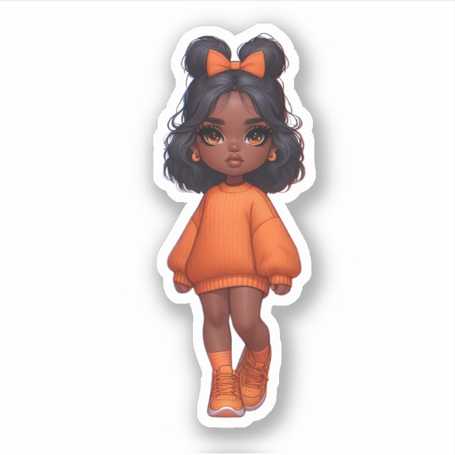 Sticker mignonne fille noire en cravate orange (Devant)