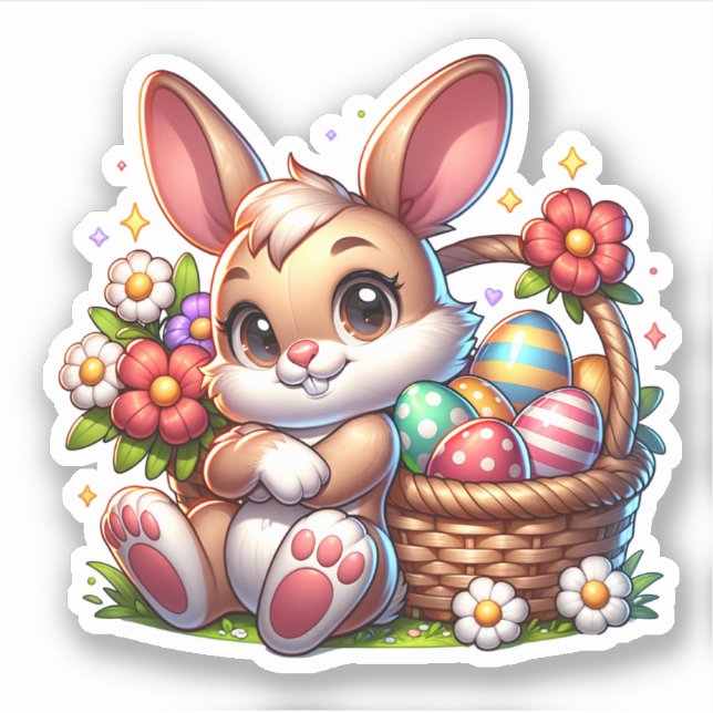 Sticker Mignonne lapin de Pâques Whimsical avec panier (Devant)