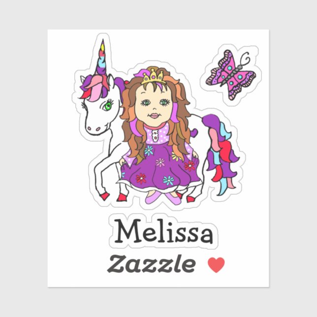 Sticker Mignonne main tiré Princesse et licorne et nom (Feuille)